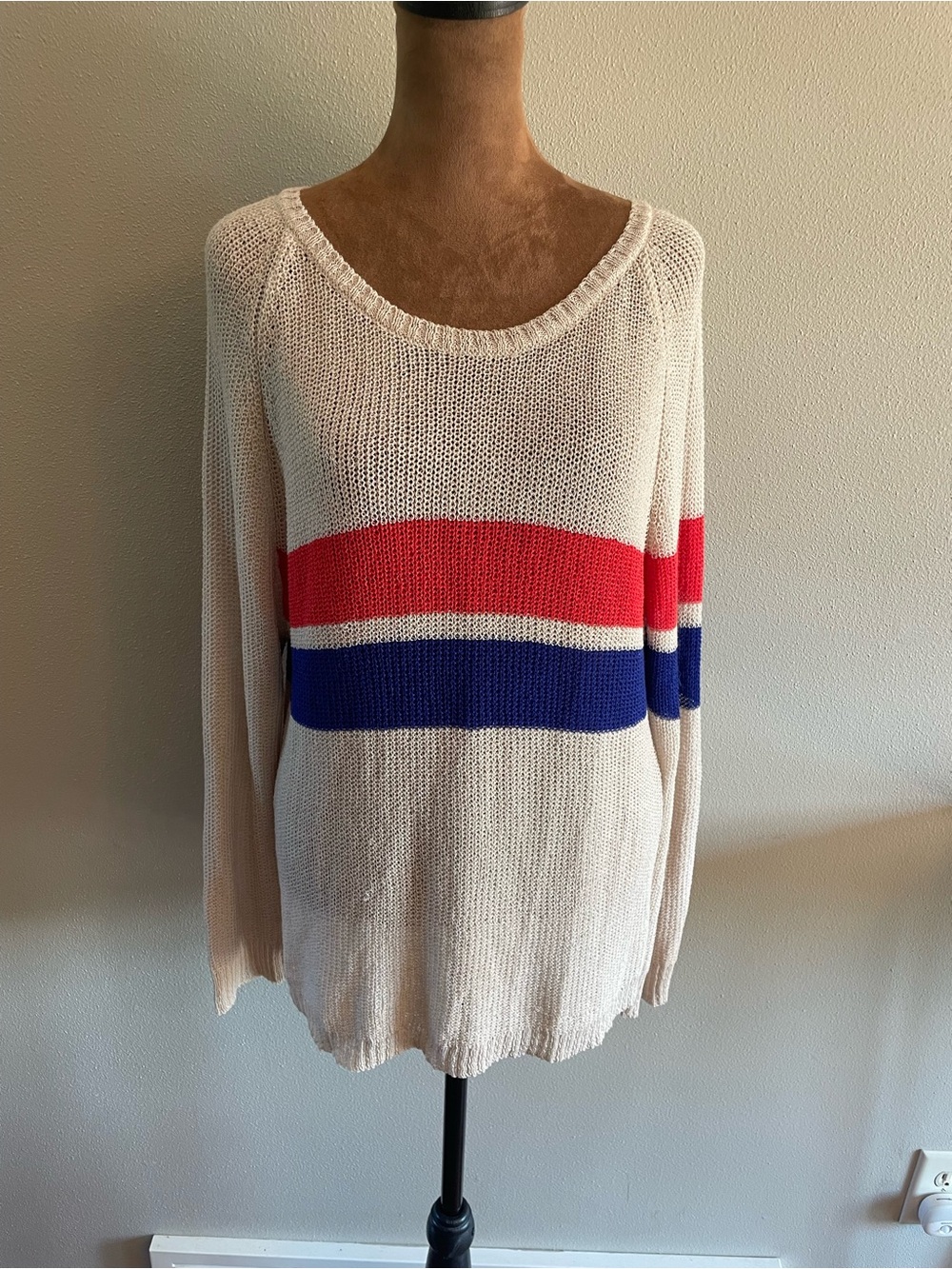 POL Scoop Neck Cream Knit Sweater with Red and Blue Stripes